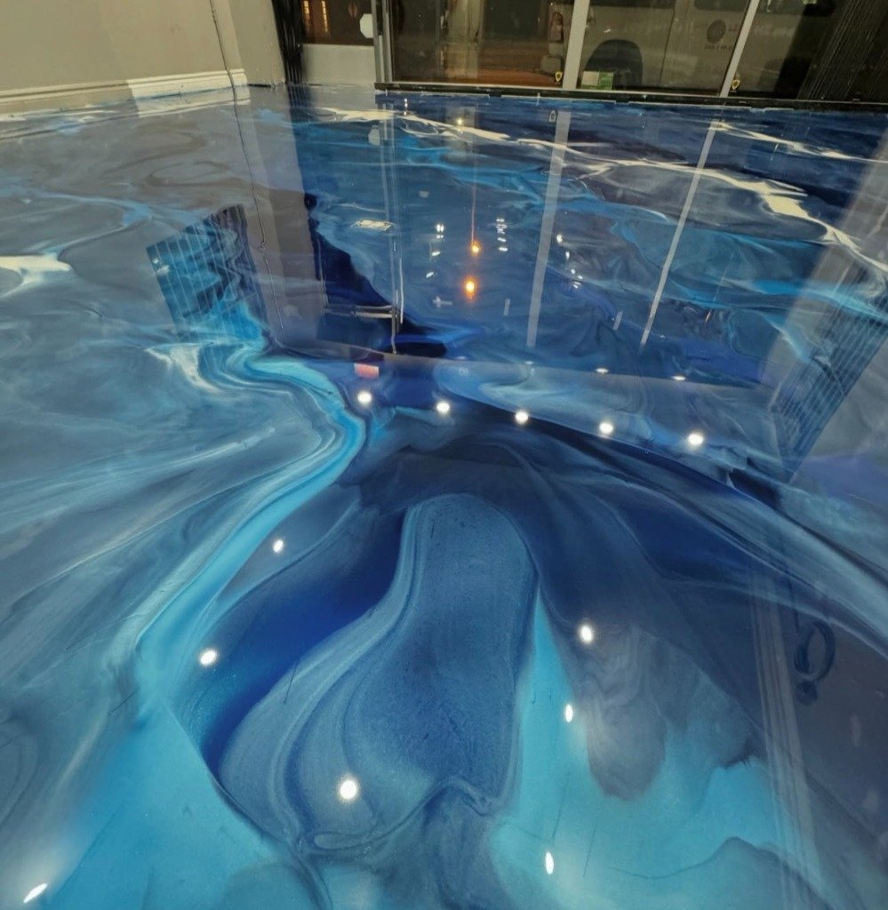 Deep ocean blue metallic resin floor